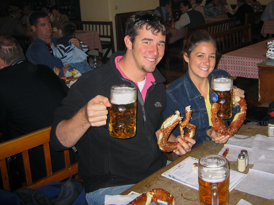 Enoying Bavarian beer and pretzels